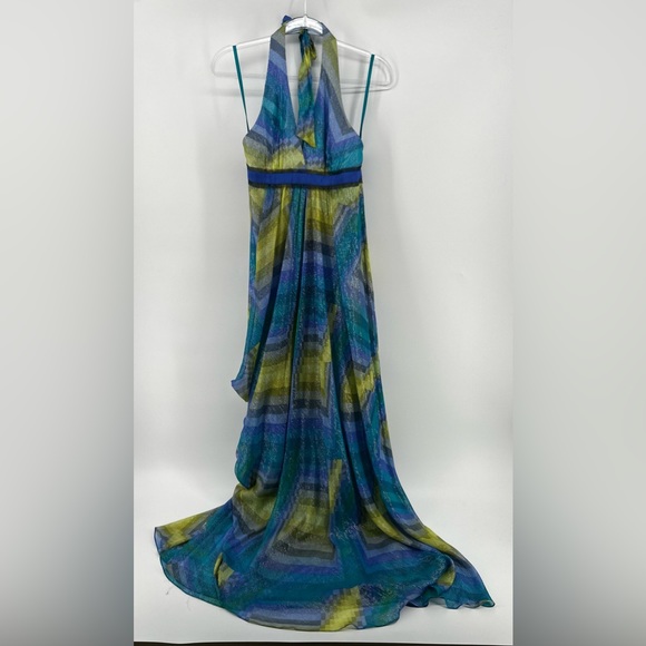 BCBG MAXAZRIA Silk HALTER MAXI LONG GOWN Watercolor BLUE TONES Size 4 - Picture 4 of 14
